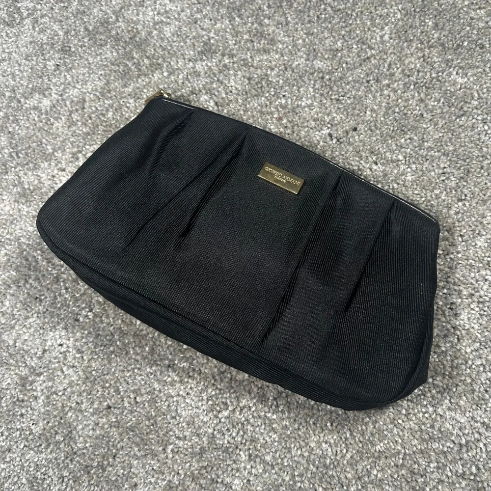 Giorgio Armani Parfums Black Pleated Cosmetic Makeup Bag Pouch Gold Logo
